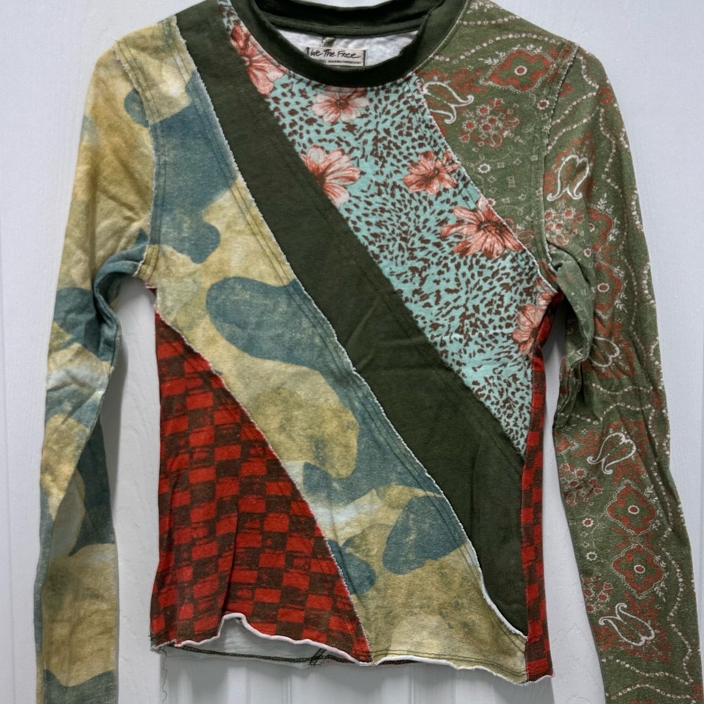 Free People We the Free Weekday Night Tee. Patchwork Long Sleeve Top.